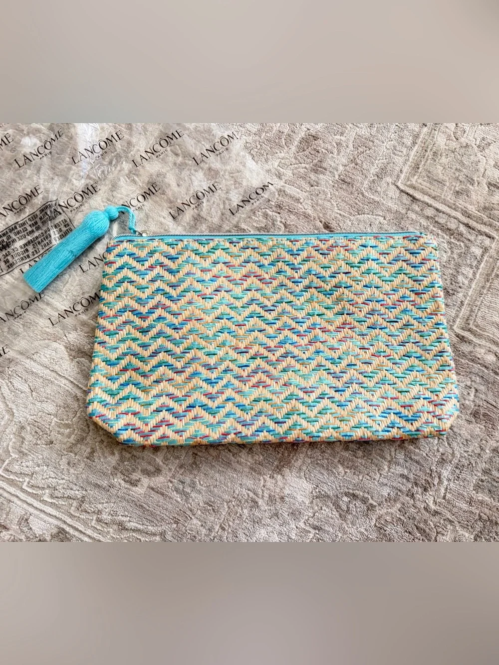 Lancôme Woven Raffia Style Clutch Pouch Turquoise Tassel Zip Bag New